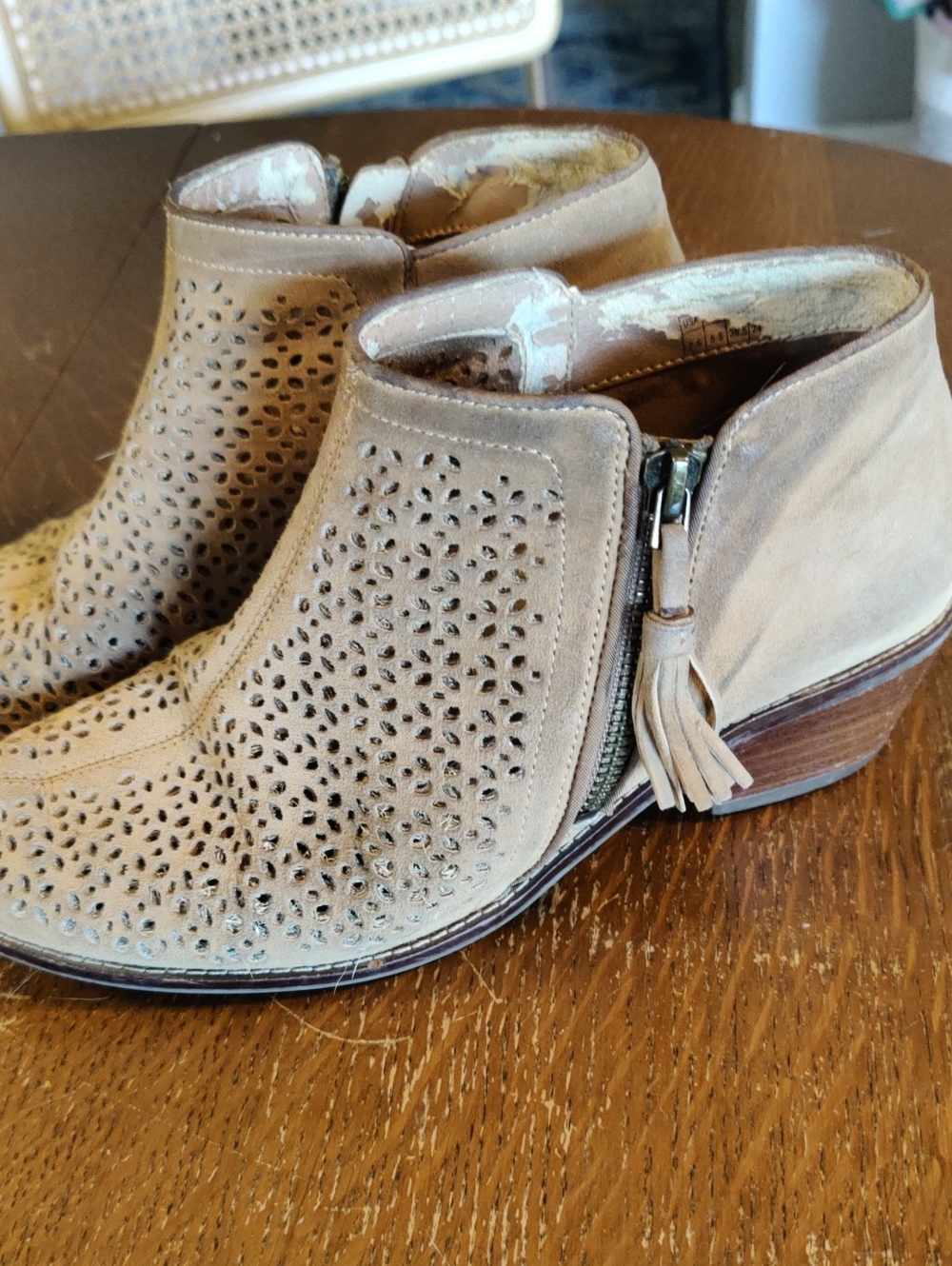 Vionic Suede Perforated Ankle Bootie with Tassel Zip - Tan